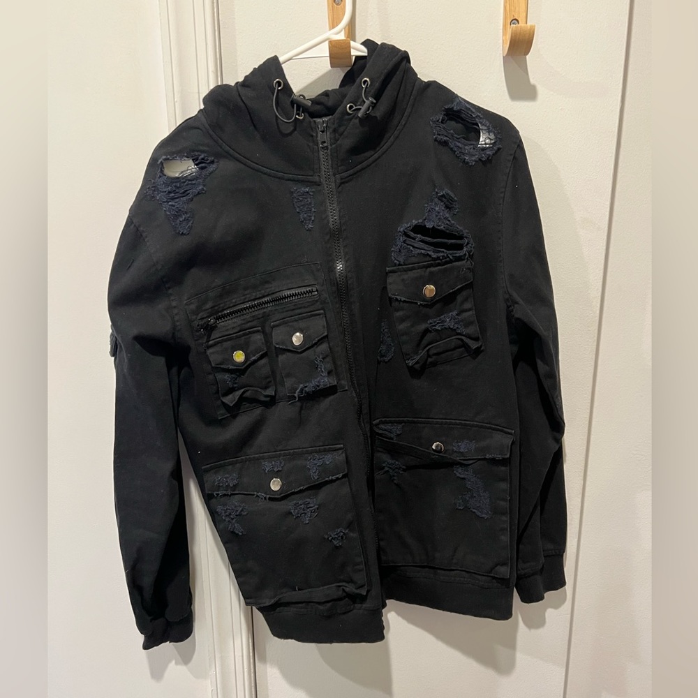 Black ripped denim sweatshirt jacket